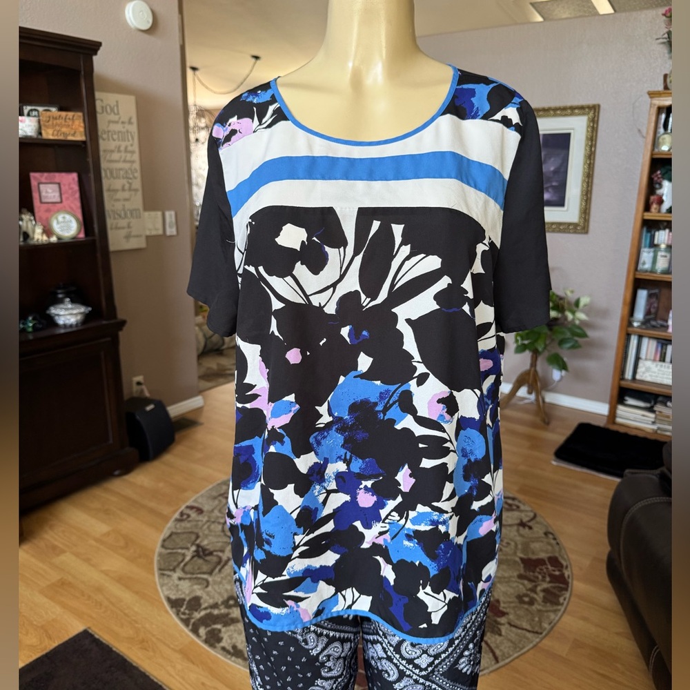 Worthington blue, black & purple short sleeve lightweight blouse/size XL
